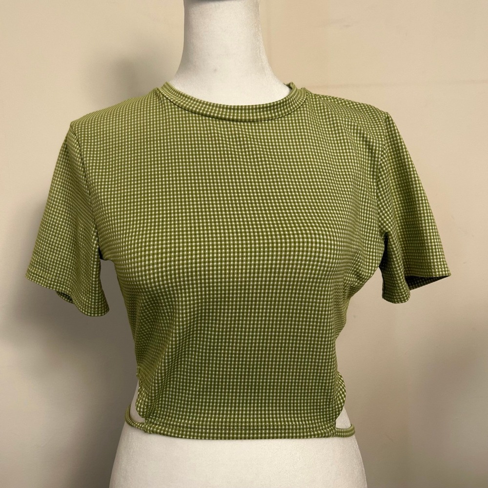 Le Lis Gingham Wrap Tie Crop Top Fitted Green Small Y2K Retro Baby Tee